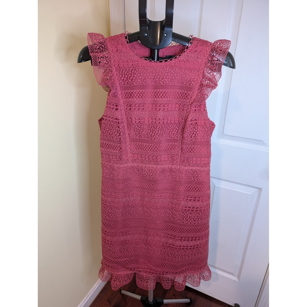 J.Crew Eyelet Lace Dress Women 8‎ Pink Flutter Sleeve Ruffle Hem Sheath Lined